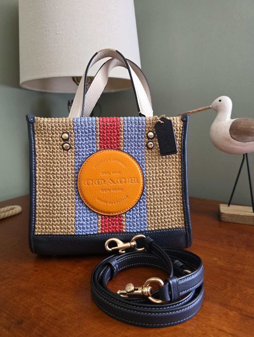 Coach CA291 Dempsey 22 Coach Patch Straw Navy Leather Crossbody Tote